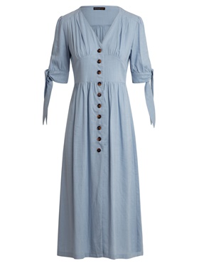Продажа с доставкой однотонного платья с завязкой на рукаве внизу на манжетах на выставке Апарт