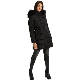 Оформить покупку приталенного пальто с притачным широким поясом с застежками по бокам в аутлете магазина Апарт
