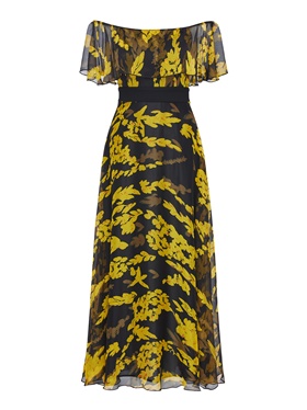 Продажа по доступной цене длинного платья с вырезом горловины кармен с узкой резинкой и воланом на выставке Апарт